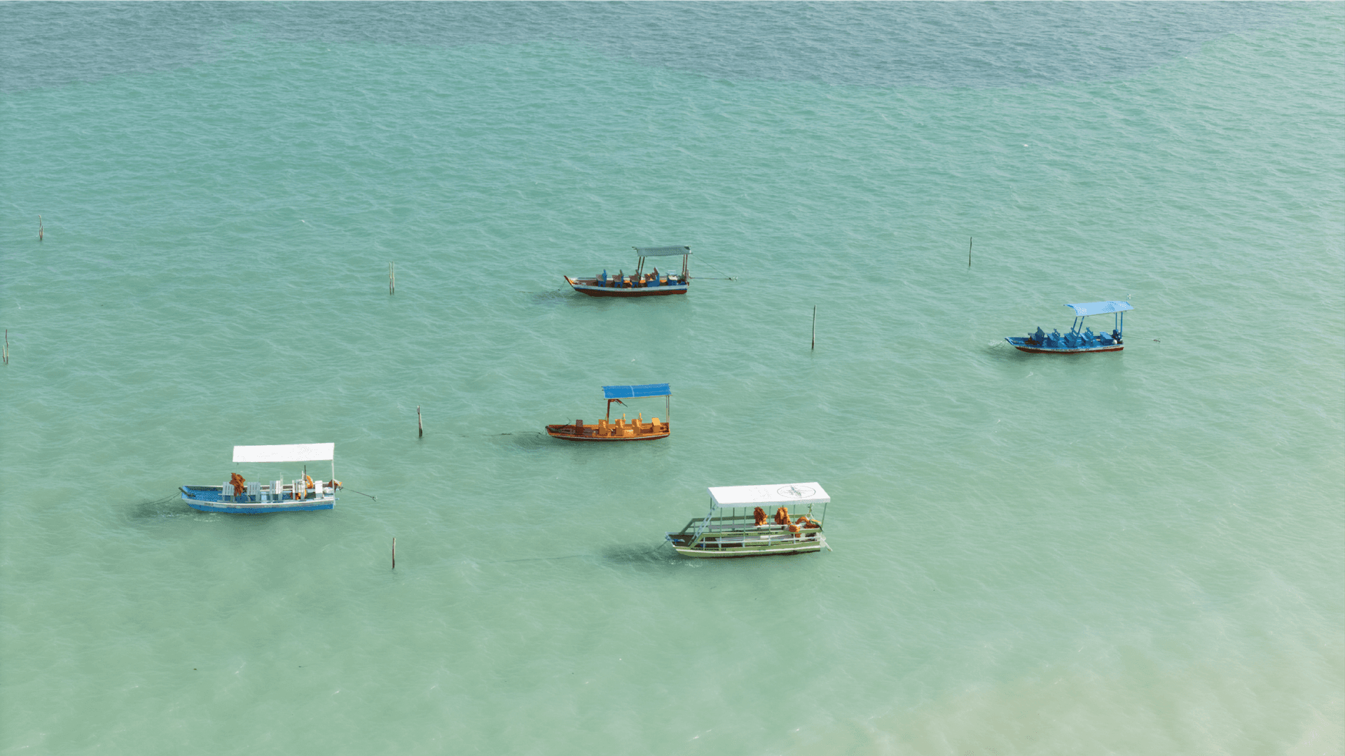 Barcos coloridos em um mar de águas claras