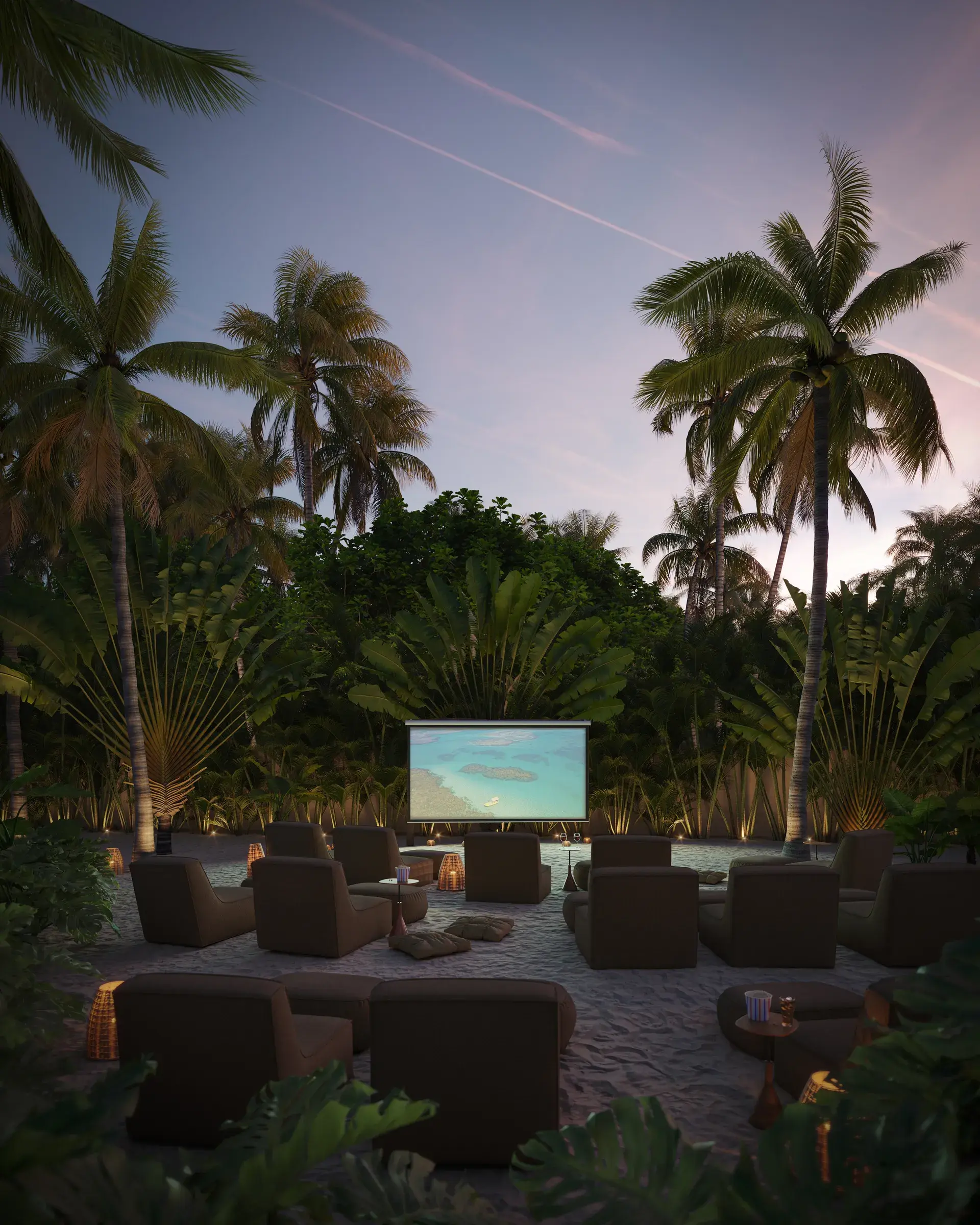 Área aberta com projetor e diversas poltronas redeadas por vegetação